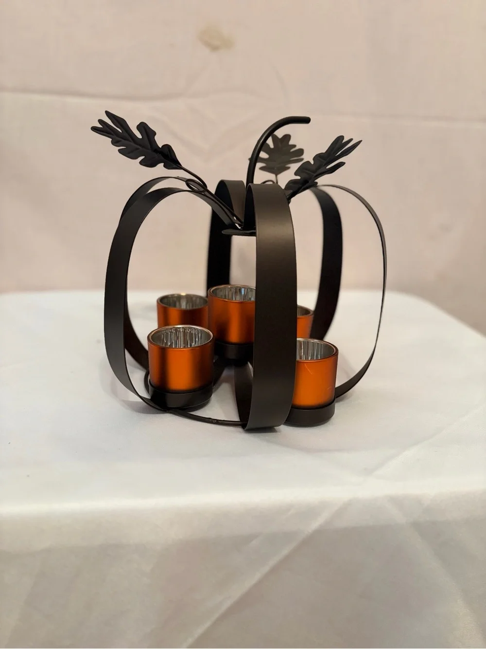 Decorative Black Pumpkin Tea Light Holder with Orange Votives